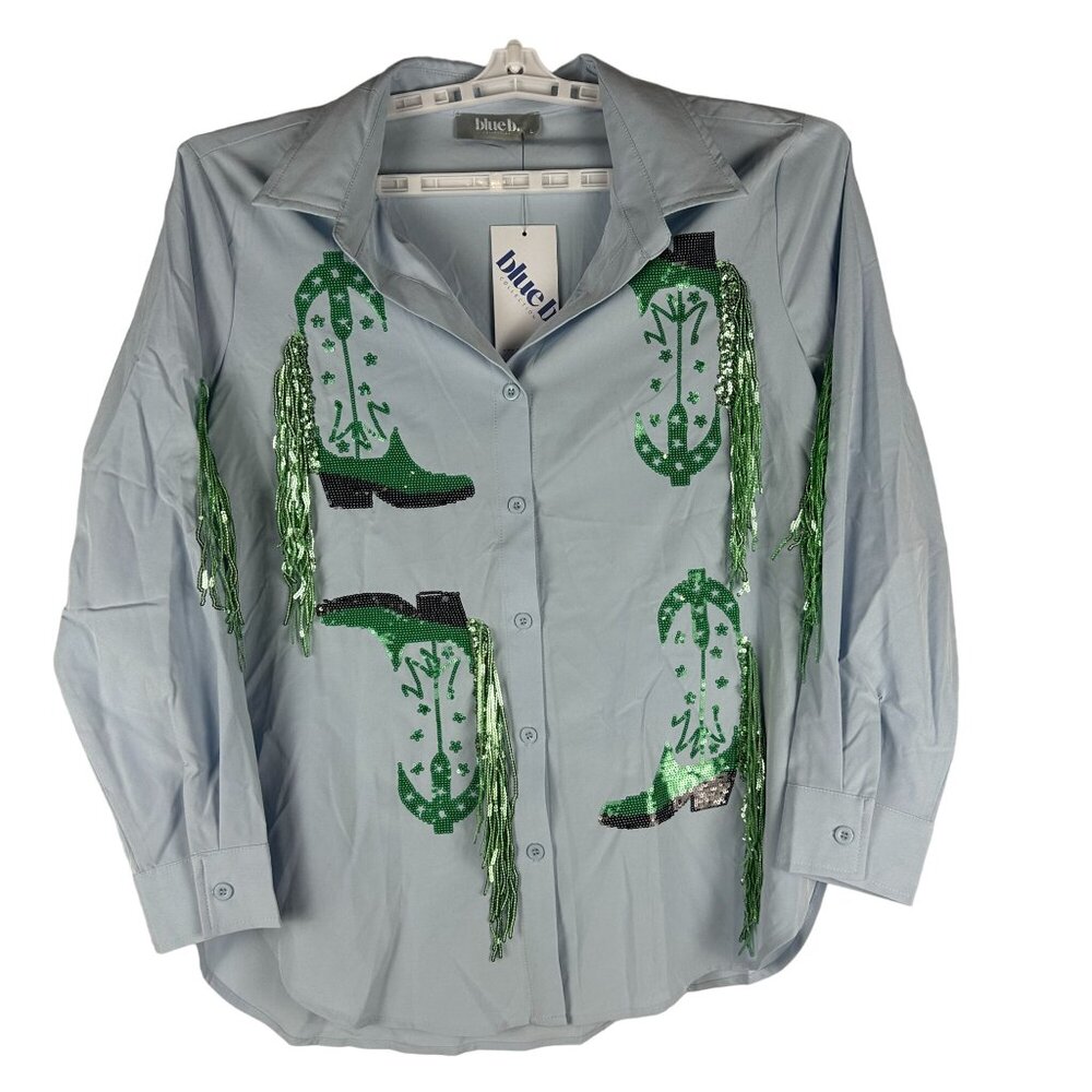 Blueb. Collection Womens Western Fringe Sequin Button-Up Shirt Size L